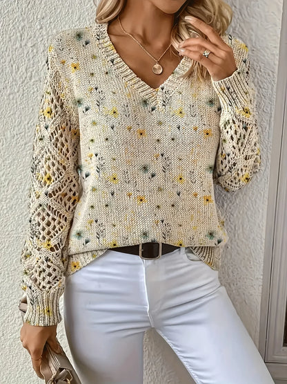 Bohemian Floral V-Neck Pullover | Hollow Print Long Sleeve Knitting Sweater | 2025 Fashion Casual Top (Characters: 78)