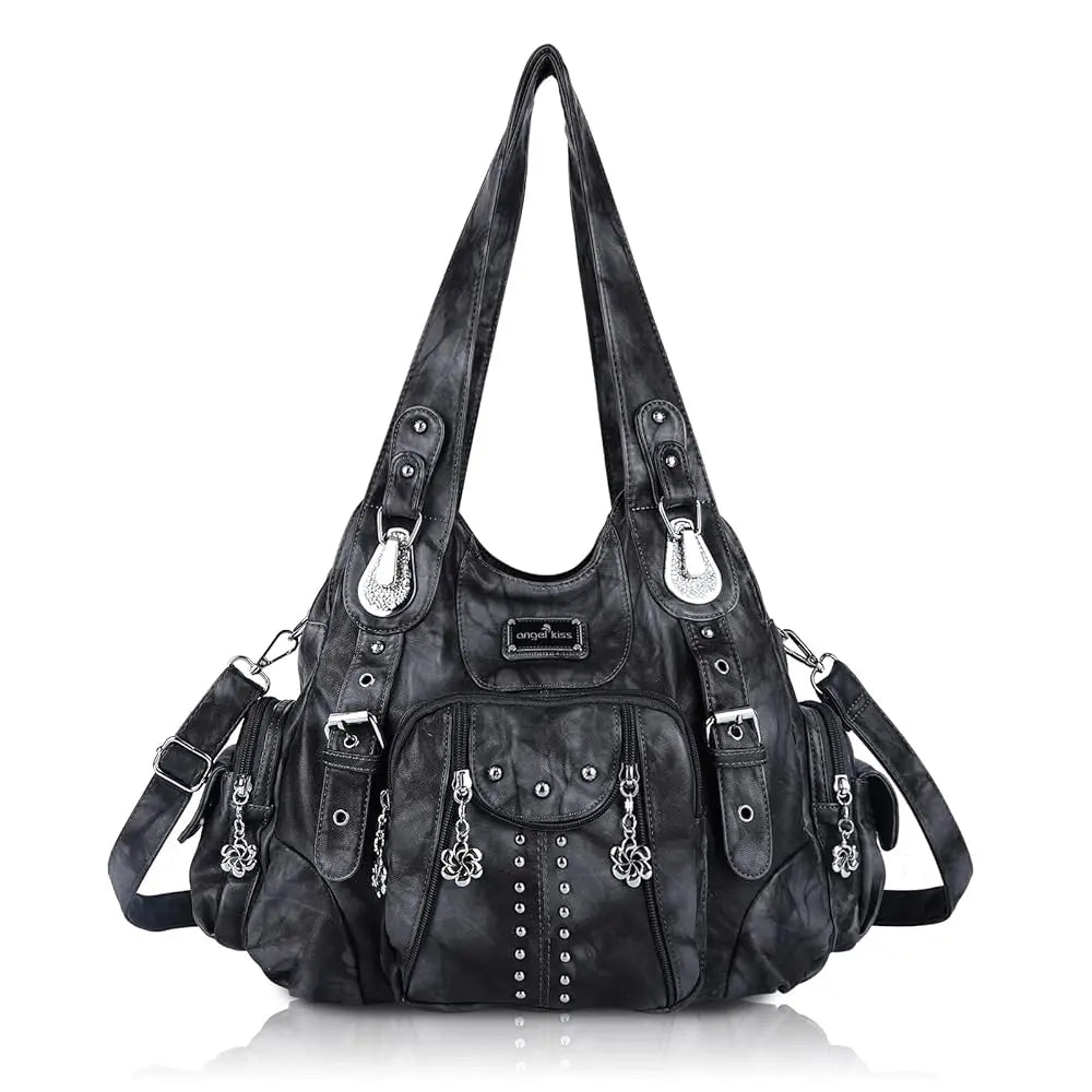 Angel Kiss large hobo bag by Redemption By Ashley North in soft PU leather with adjustable strap, multiple pockets, and anti-theft zipper.
