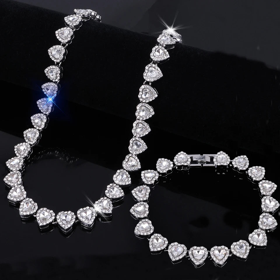 ZAKOL 45CM New Hip Hop Tennis Chain Bracelet Necklace Shiny Heart Rhinestone CZ Fashion Rock Party Jewelry Set