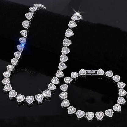 ZAKOL 45CM New Hip Hop Tennis Chain Bracelet Necklace Shiny Heart Rhinestone CZ Fashion Rock Party Jewelry Set