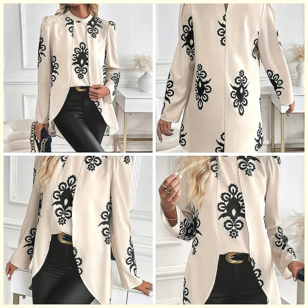 2026 Fashion Women's Long Sleeve Print Blouse, Elegant Office Top with Fake Two-Piece Design