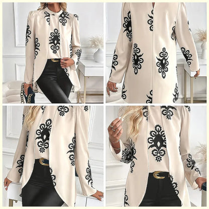 2026 Fashion Women's Long Sleeve Print Blouse, Elegant Office Top with Fake Two-Piece Design