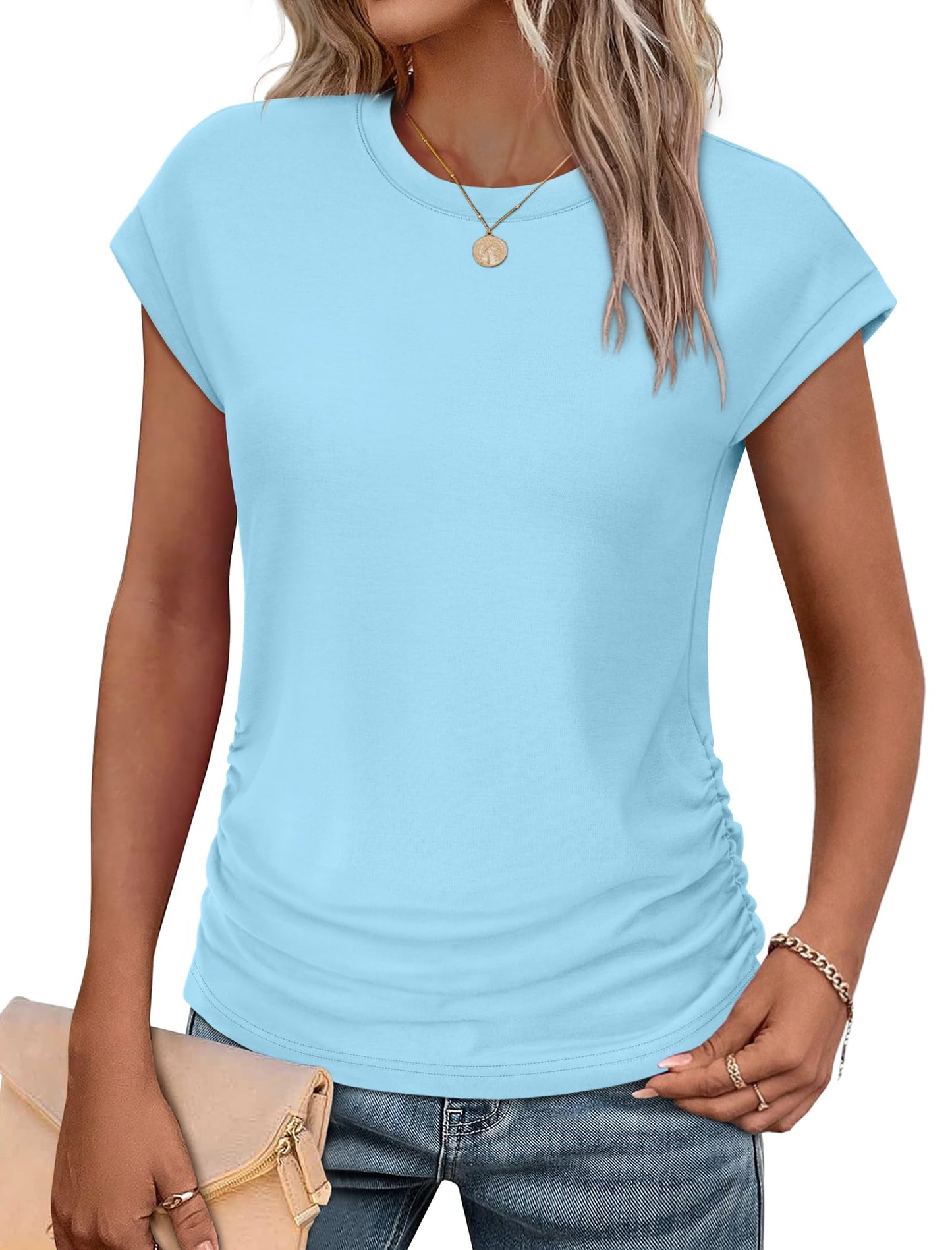 Sampeel Womens Summer Tops Trendy 2026 Ruched Cap Short Sleeve Tshirts Shirts Crew Neck T Shirts Fashion
