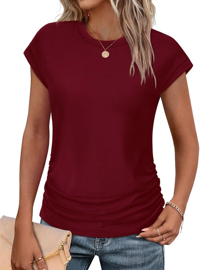 Sampeel Womens Summer Tops Trendy 2026 Ruched Cap Short Sleeve Tshirts Shirts Crew Neck T Shirts Fashion