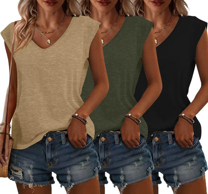 Bliwov 3 Pack Womens Cap Sleeve Summer Tops V Neck T Shirts Basic Tees