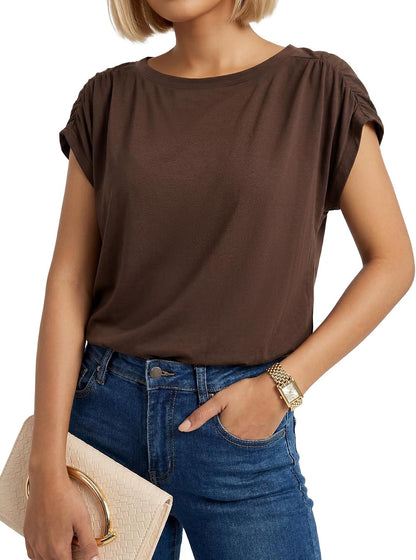 Rooscier Women's Round Neck Cap Sleeve Loose Fit Casual Blouse Tank Top Shirts