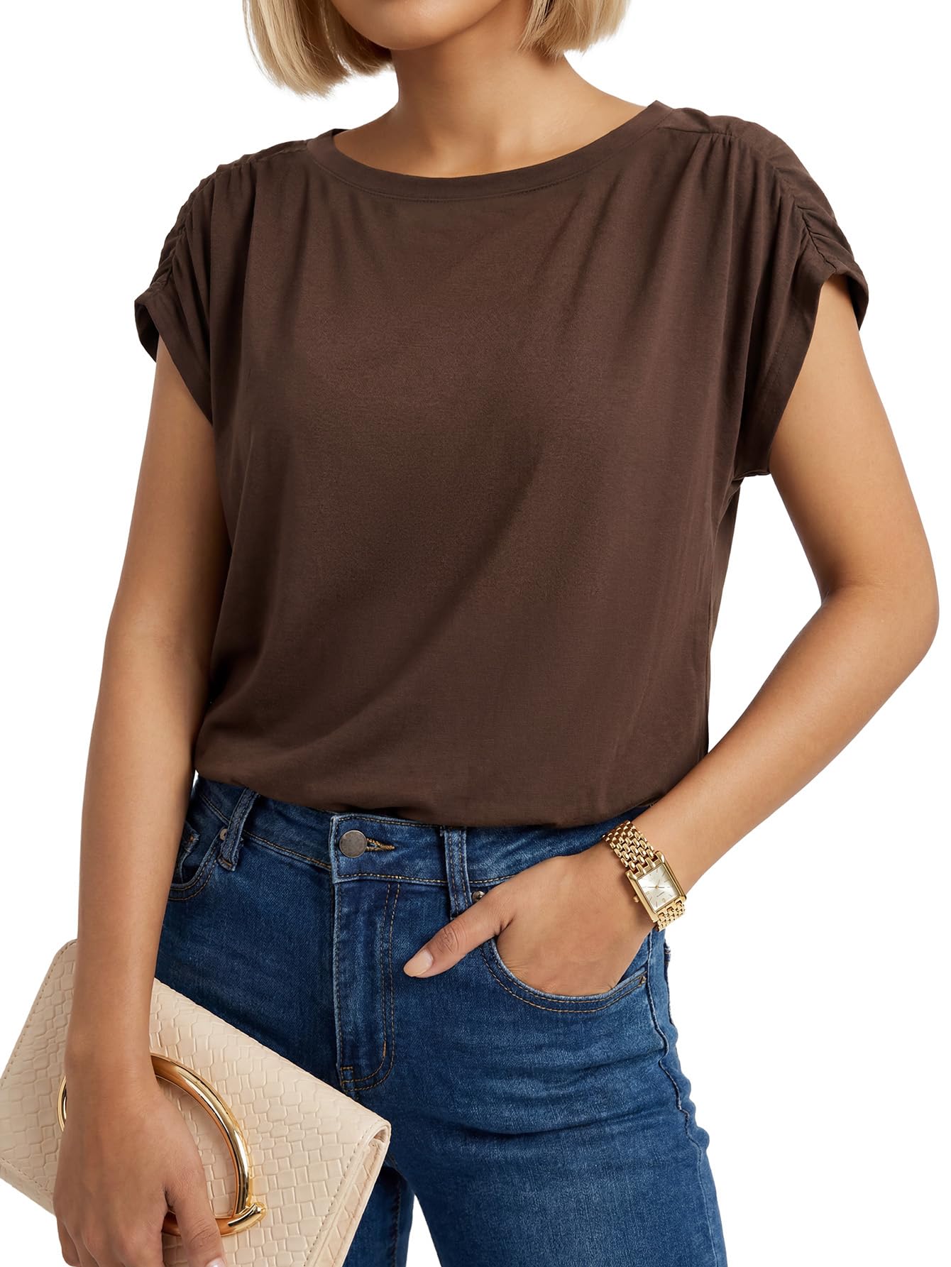 Rooscier Women's Round Neck Cap Sleeve Loose Fit Casual Blouse Tank Top Shirts