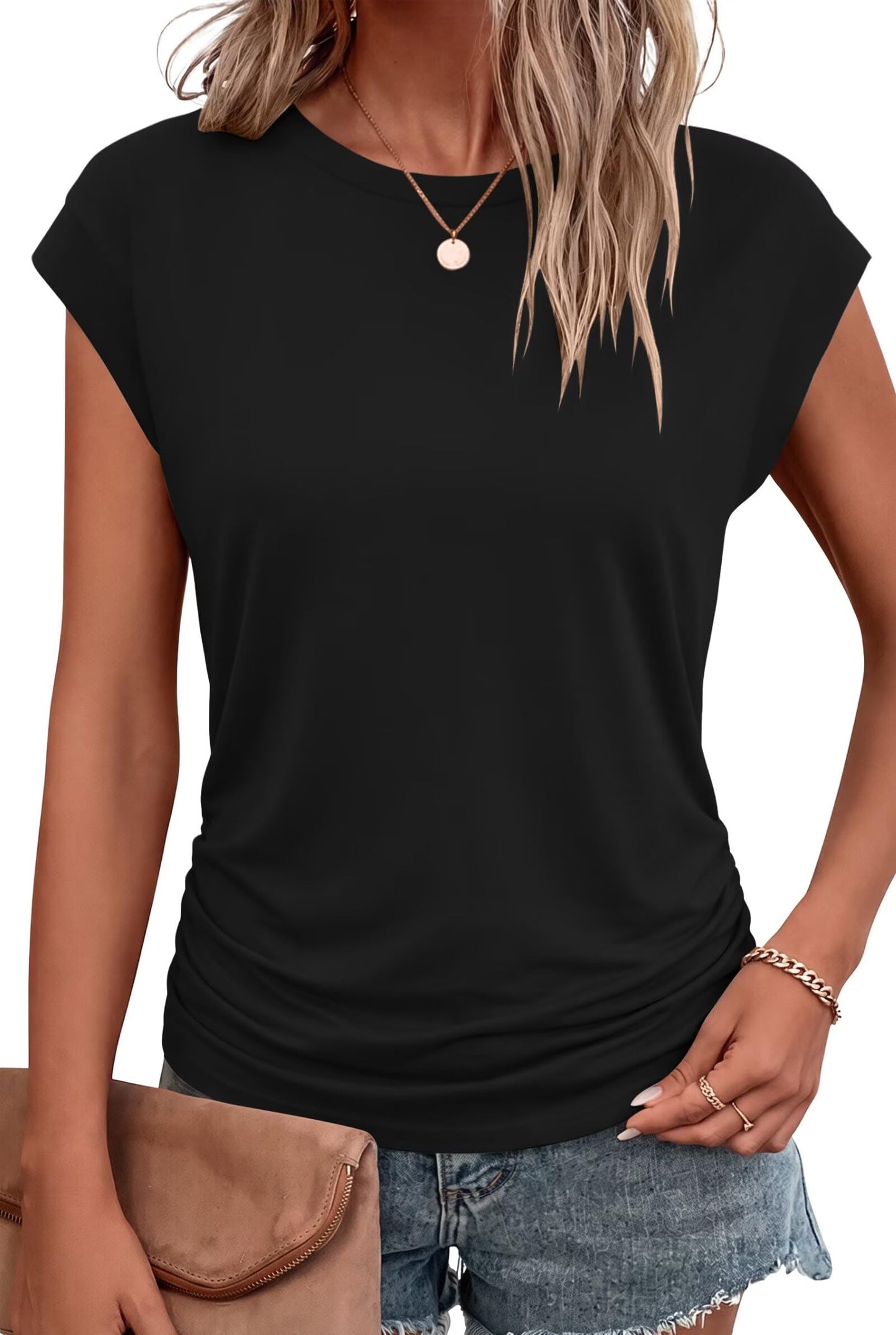 Bliwov Womens Summer Tops Cap Sleeve Crew Neck Casual T Shirts