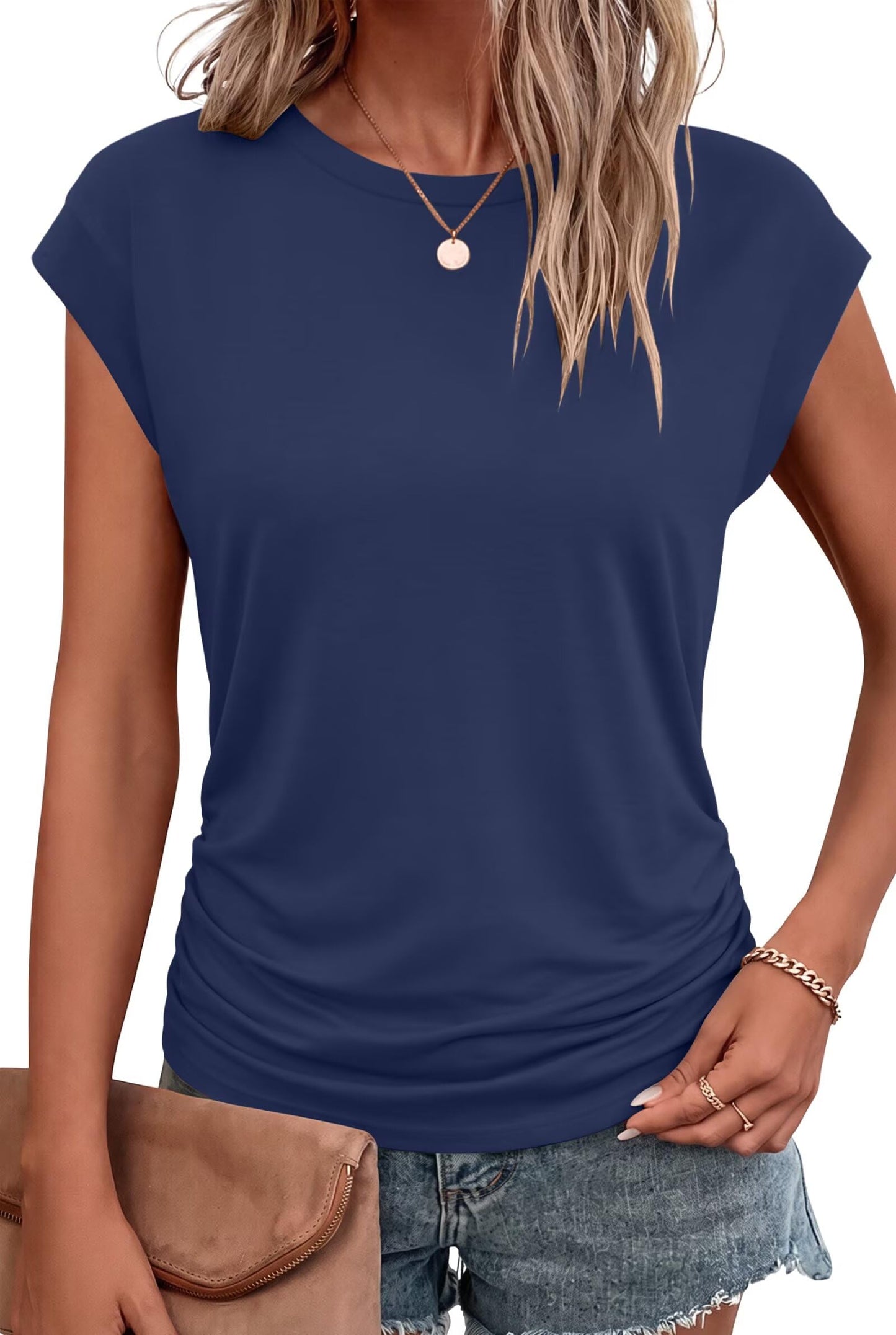 Bliwov Womens Summer Tops Cap Sleeve Crew Neck Casual T Shirts