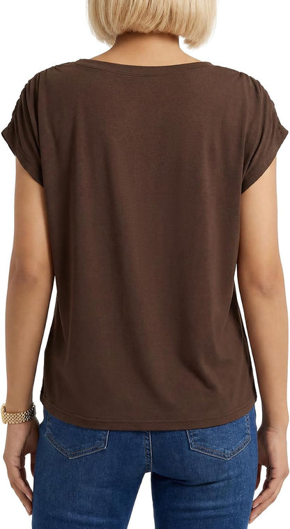 Rooscier Women's Round Neck Cap Sleeve Loose Fit Casual Blouse Tank Top Shirts