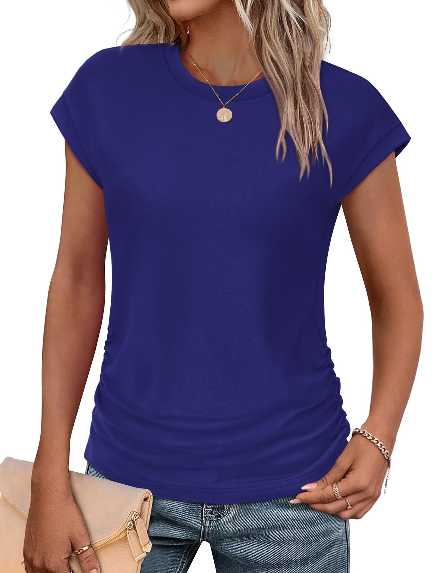 Sampeel Womens Summer Tops Trendy 2026 Ruched Cap Short Sleeve Tshirts Shirts Crew Neck T Shirts Fashion