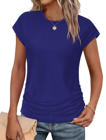Sampeel Womens Summer Tops Trendy 2026 Ruched Cap Short Sleeve Tshirts Shirts Crew Neck T Shirts Fashion