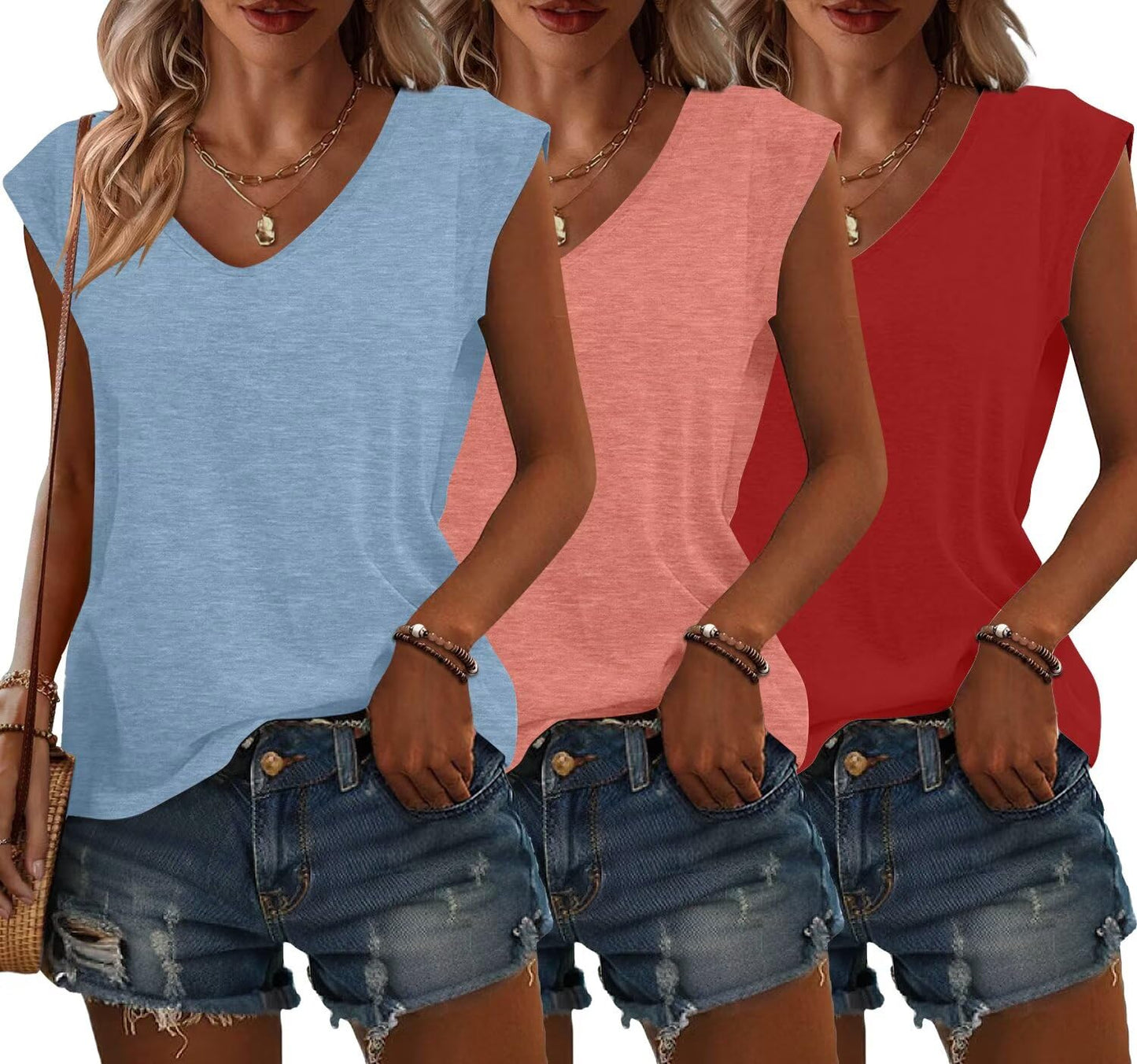 Bliwov 3 Pack Womens Cap Sleeve Summer Tops V Neck T Shirts Basic Tees