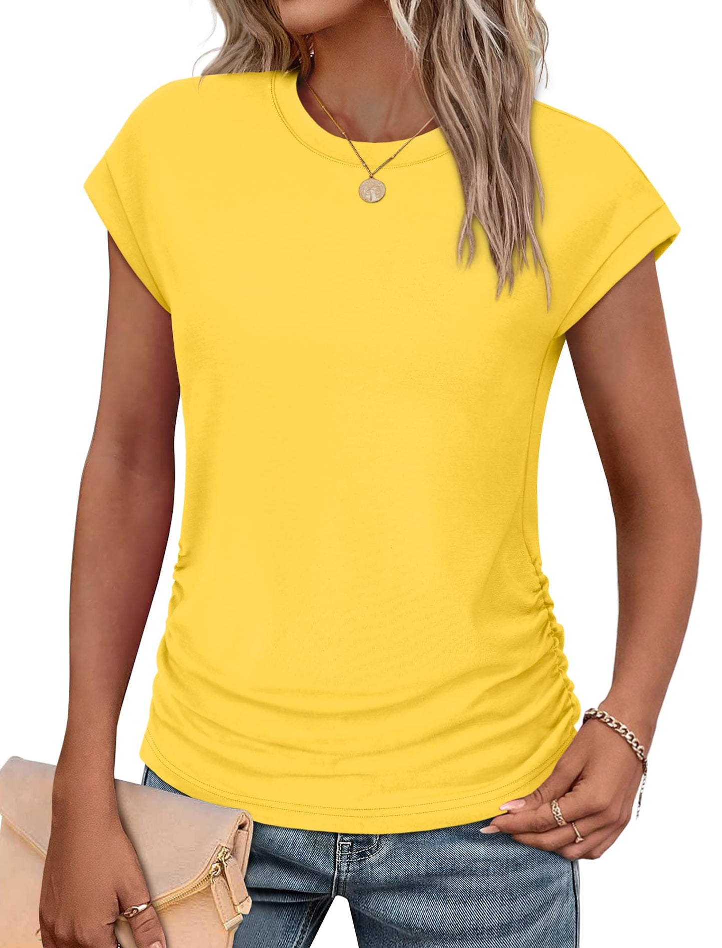 Sampeel Womens Summer Tops Trendy 2026 Ruched Cap Short Sleeve Tshirts Shirts Crew Neck T Shirts Fashion