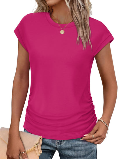 Sampeel Womens Summer Tops Trendy 2026 Ruched Cap Short Sleeve Tshirts Shirts Crew Neck T Shirts Fashion