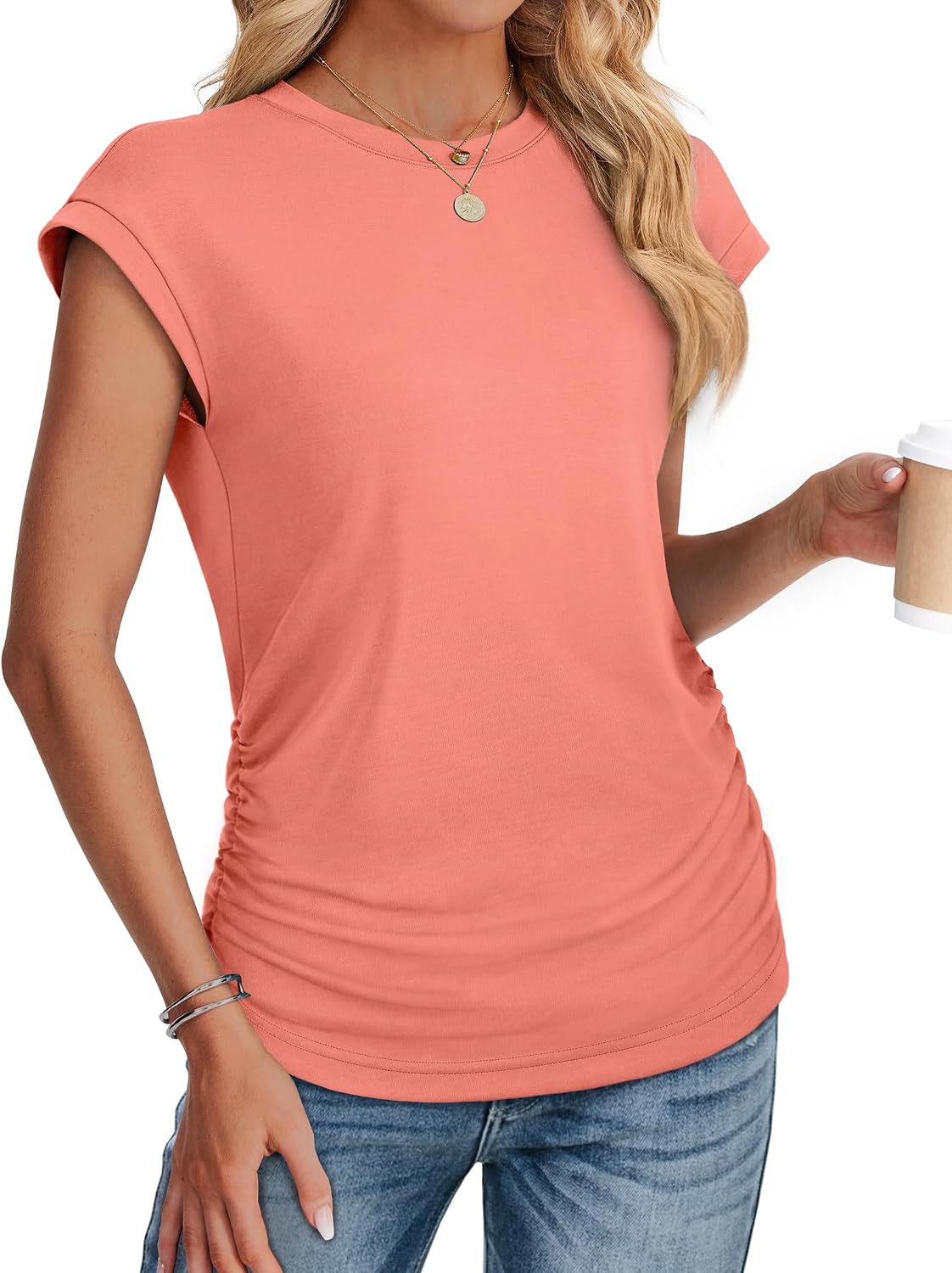 Sampeel Womens Summer Tops Trendy 2026 Ruched Cap Short Sleeve Tshirts Shirts Crew Neck T Shirts Fashion