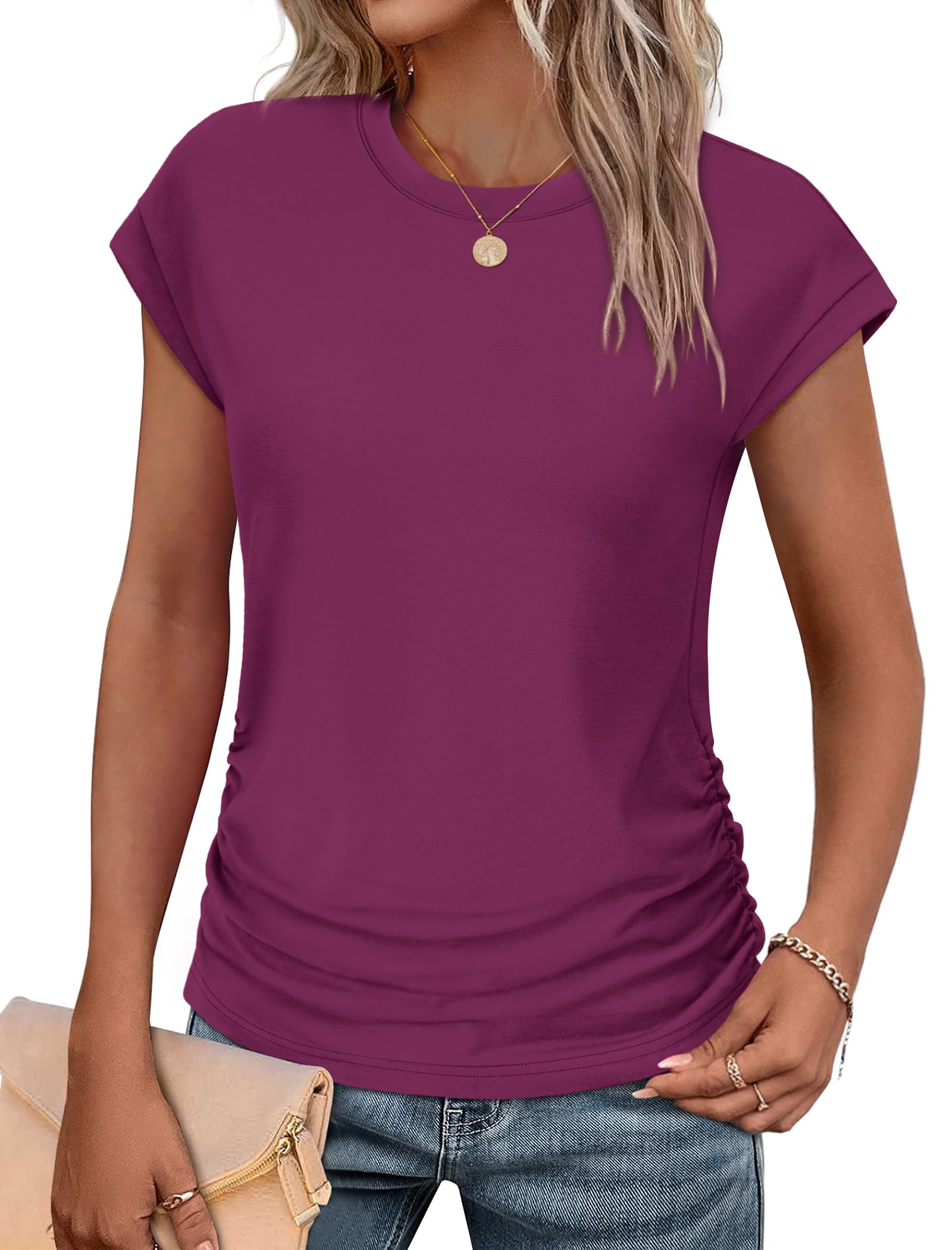 Sampeel Womens Summer Tops Trendy 2026 Ruched Cap Short Sleeve Tshirts Shirts Crew Neck T Shirts Fashion