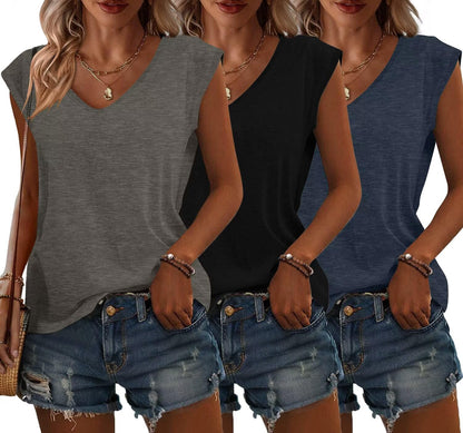 Bliwov 3 Pack Womens Cap Sleeve Summer Tops V Neck T Shirts Basic Tees