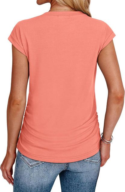 Sampeel Womens Summer Tops Trendy 2026 Ruched Cap Short Sleeve Tshirts Shirts Crew Neck T Shirts Fashion