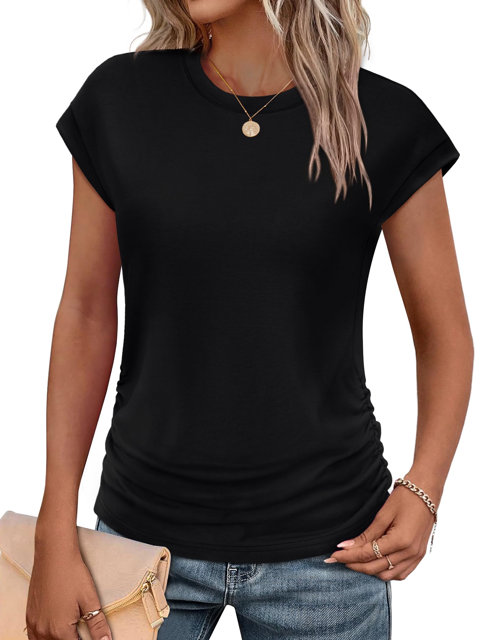 Sampeel Womens Summer Tops Trendy 2026 Ruched Cap Short Sleeve Tshirts Shirts Crew Neck T Shirts Fashion