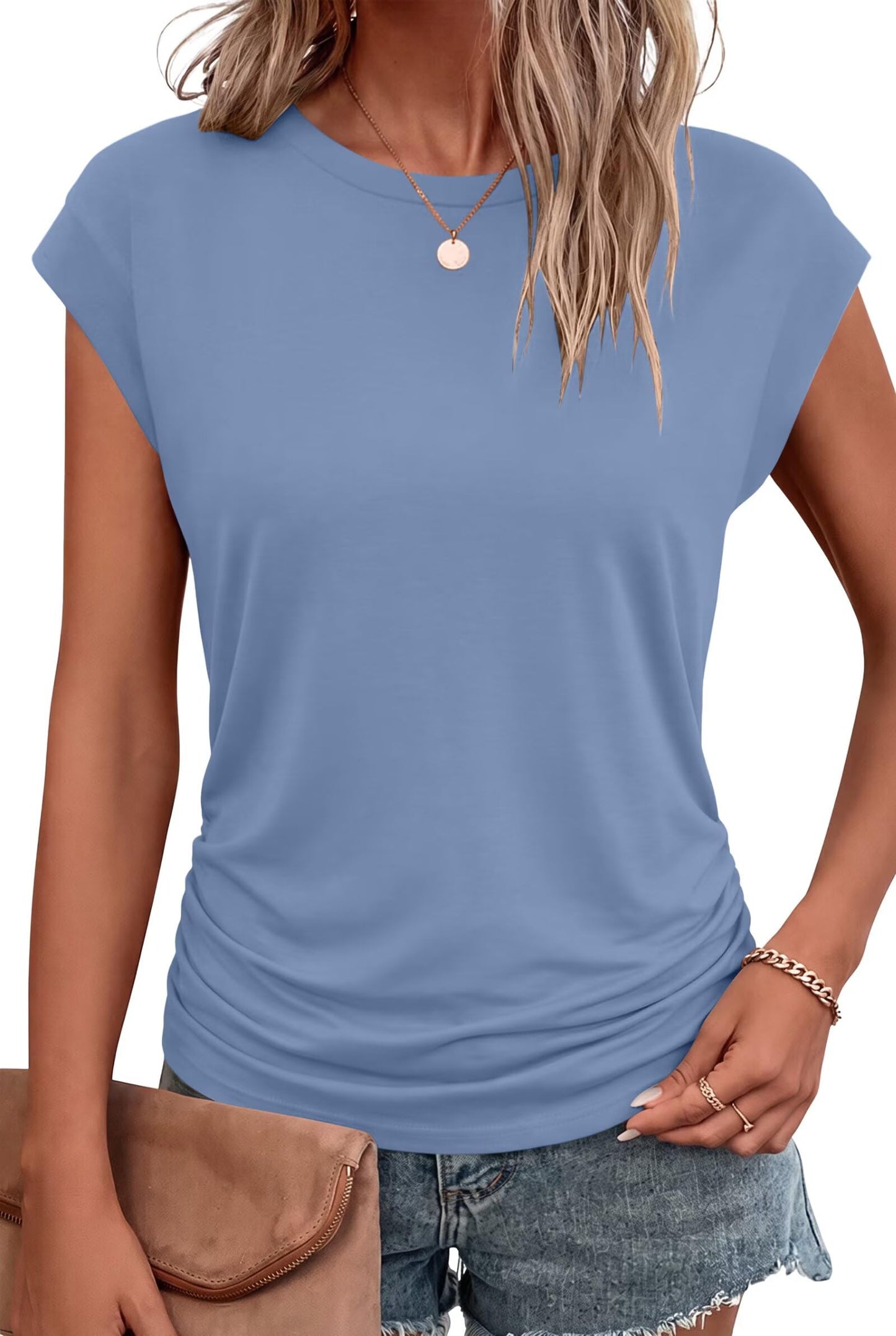 Bliwov Womens Summer Tops Cap Sleeve Crew Neck Casual T Shirts