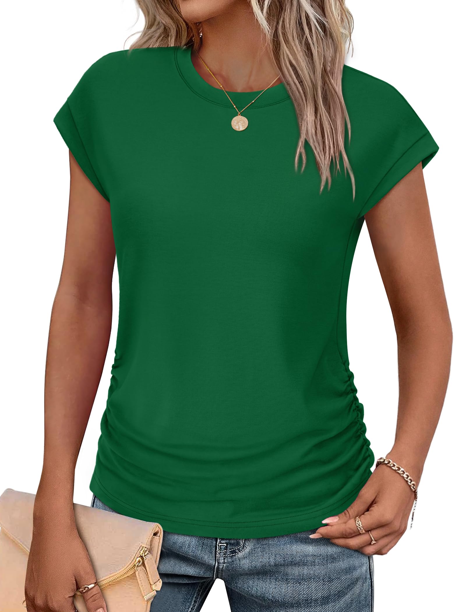 Sampeel Womens Summer Tops Trendy 2026 Ruched Cap Short Sleeve Tshirts Shirts Crew Neck T Shirts Fashion