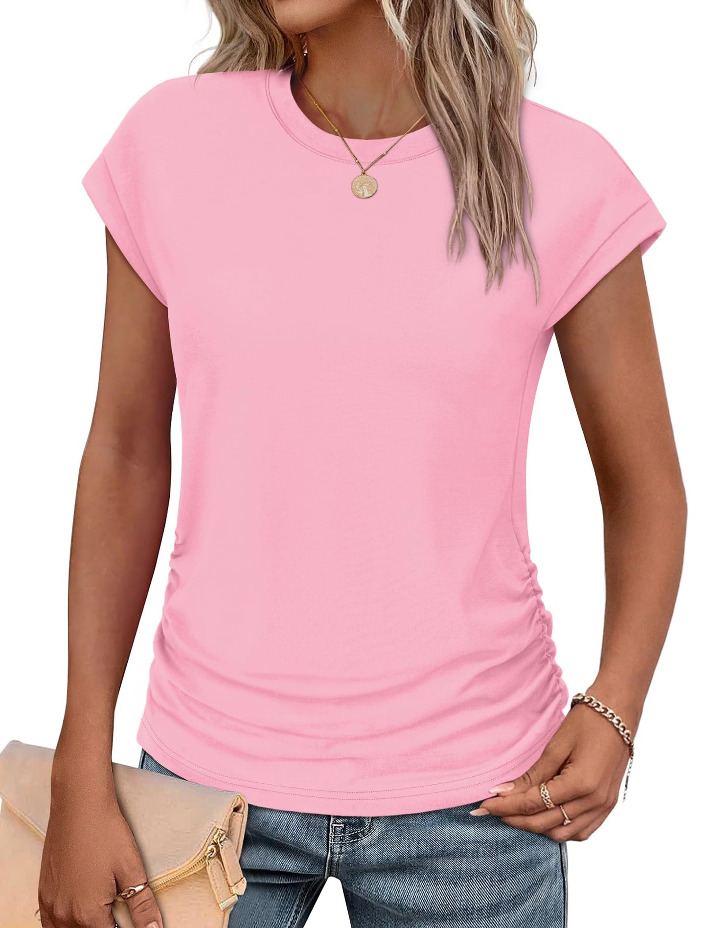 Sampeel Womens Summer Tops Trendy 2026 Ruched Cap Short Sleeve Tshirts Shirts Crew Neck T Shirts Fashion