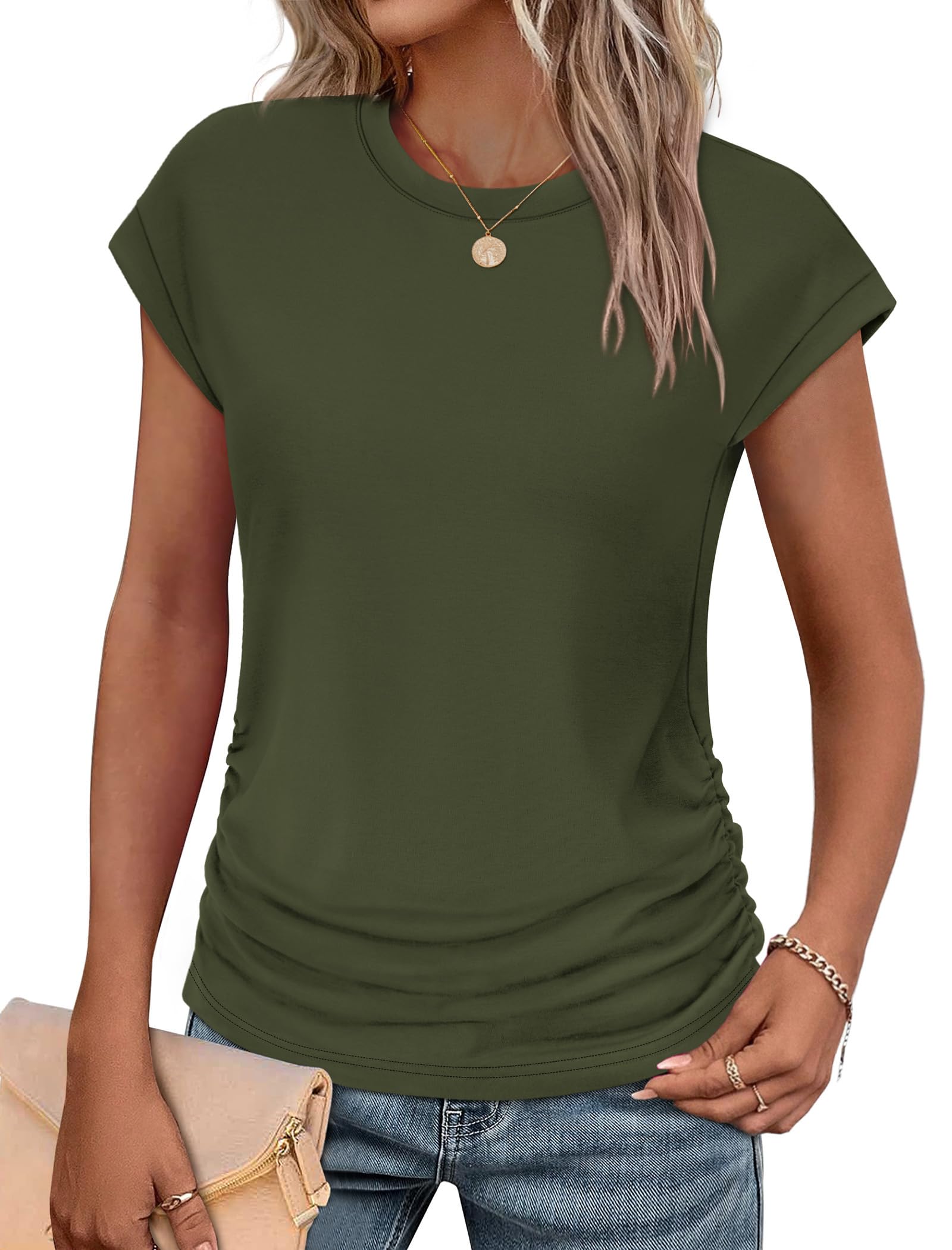 Sampeel Womens Summer Tops Trendy 2026 Ruched Cap Short Sleeve Tshirts Shirts Crew Neck T Shirts Fashion