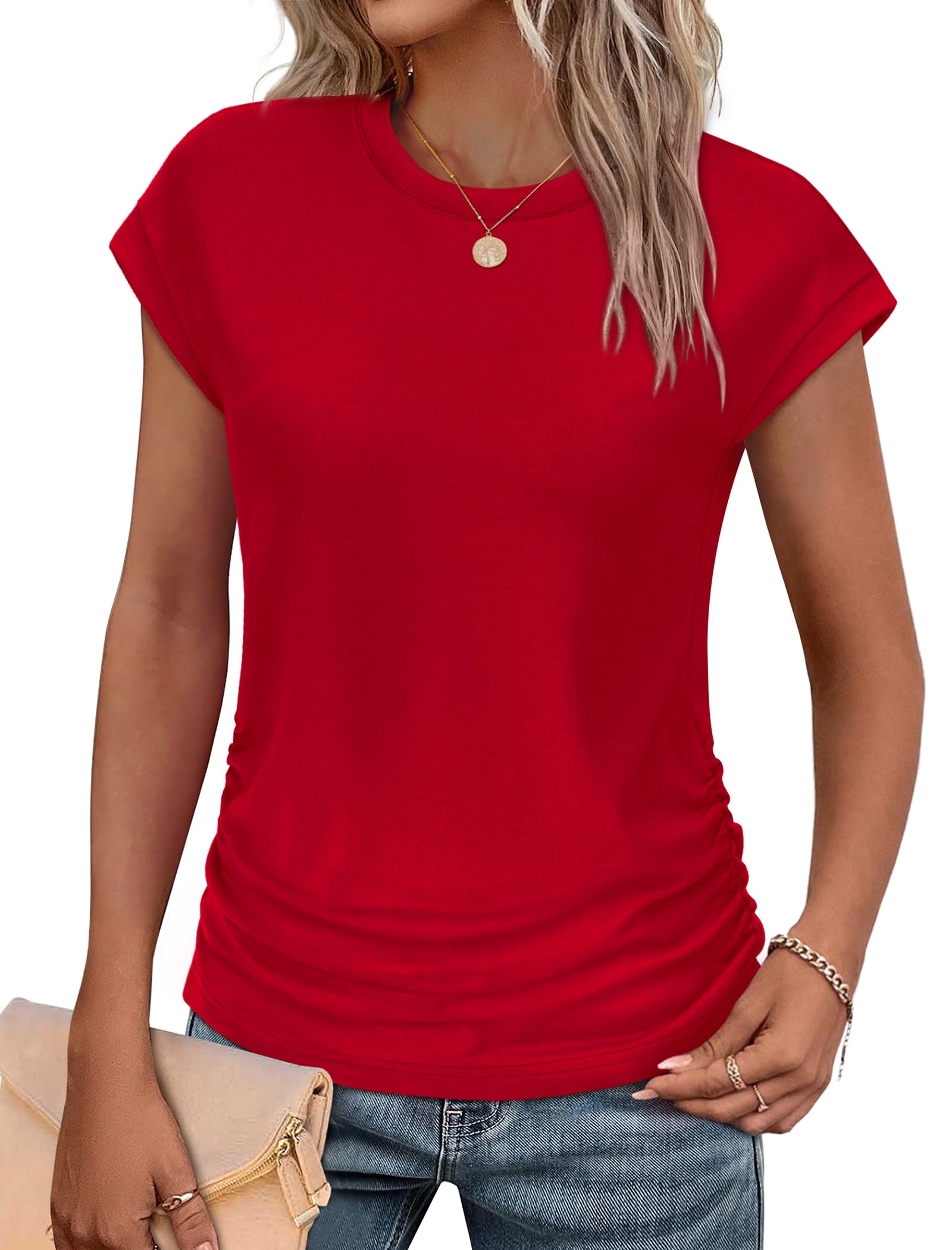 Sampeel Womens Summer Tops Trendy 2026 Ruched Cap Short Sleeve Tshirts Shirts Crew Neck T Shirts Fashion