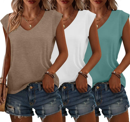 Bliwov 3 Pack Womens Cap Sleeve Summer Tops V Neck T Shirts Basic Tees