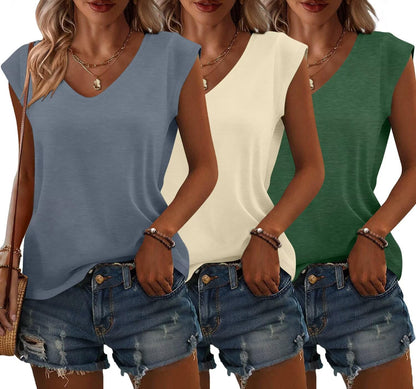 Bliwov 3 Pack Womens Cap Sleeve Summer Tops V Neck T Shirts Basic Tees