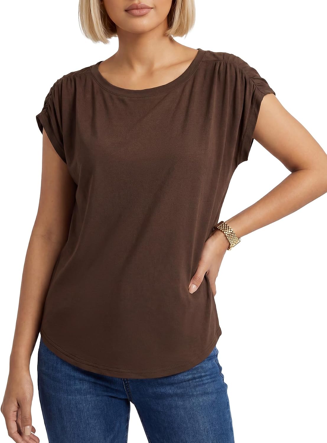 Rooscier Women's Round Neck Cap Sleeve Loose Fit Casual Blouse Tank Top Shirts