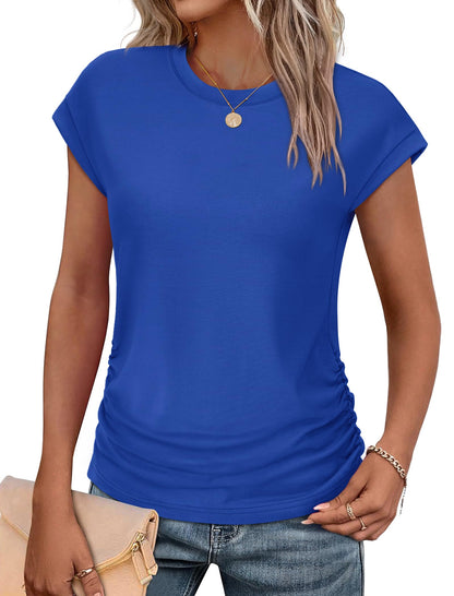 Sampeel Womens Summer Tops Trendy 2026 Ruched Cap Short Sleeve Tshirts Shirts Crew Neck T Shirts Fashion