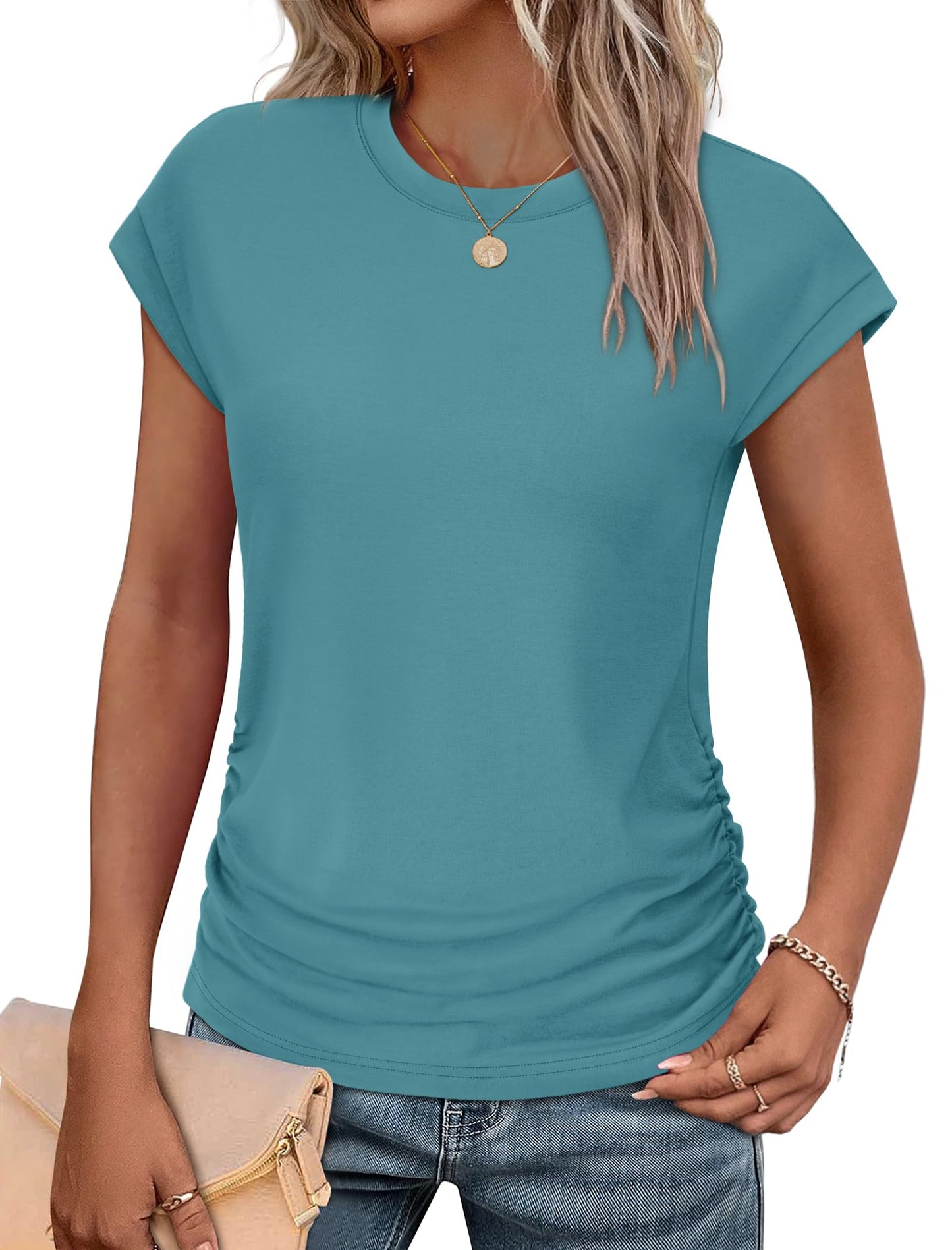 Sampeel Womens Summer Tops Trendy 2026 Ruched Cap Short Sleeve Tshirts Shirts Crew Neck T Shirts Fashion