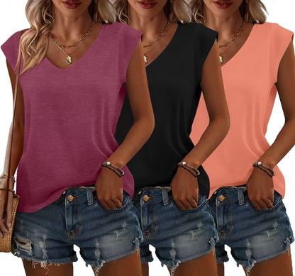 Bliwov 3 Pack Womens Cap Sleeve Summer Tops V Neck T Shirts Basic Tees