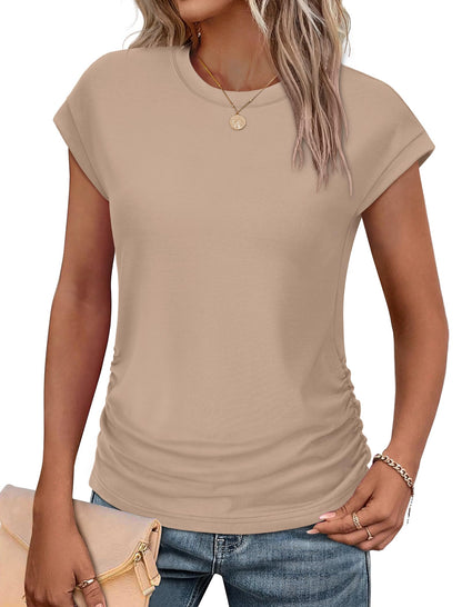 Sampeel Womens Summer Tops Trendy 2026 Ruched Cap Short Sleeve Tshirts Shirts Crew Neck T Shirts Fashion