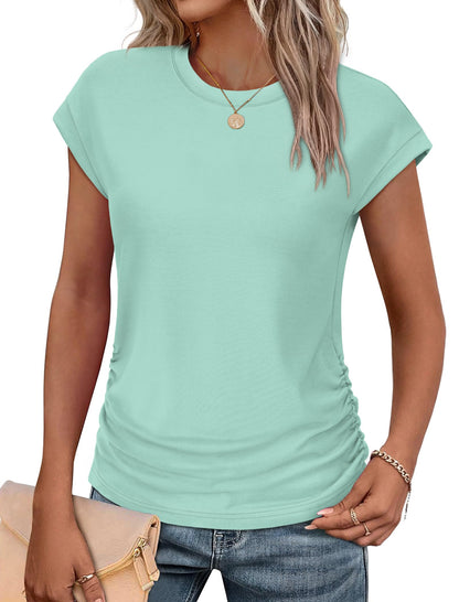 Sampeel Womens Summer Tops Trendy 2026 Ruched Cap Short Sleeve Tshirts Shirts Crew Neck T Shirts Fashion