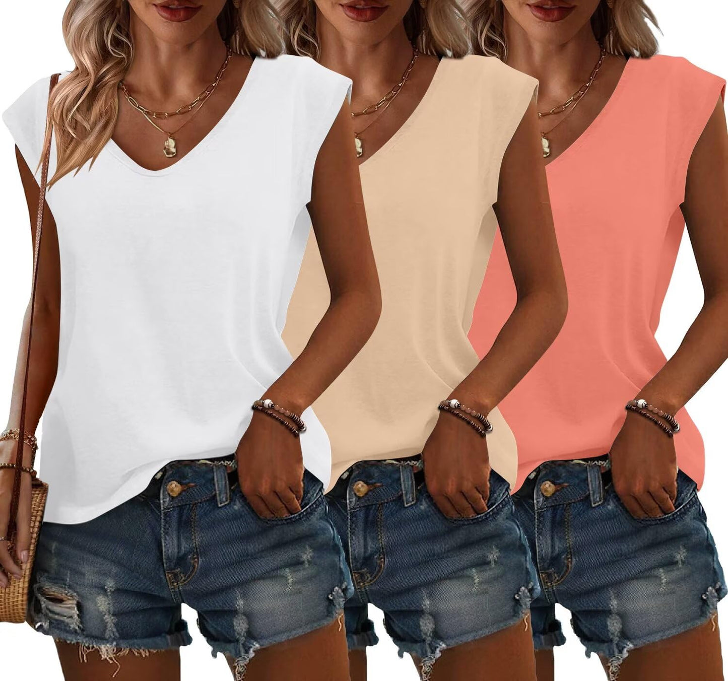 Bliwov 3 Pack Womens Cap Sleeve Summer Tops V Neck T Shirts Basic Tees
