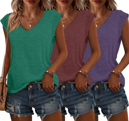 Bliwov 3 Pack Womens Cap Sleeve Summer Tops V Neck T Shirts Basic Tees