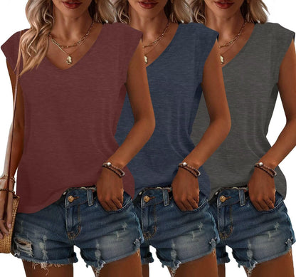 Bliwov 3 Pack Womens Cap Sleeve Summer Tops V Neck T Shirts Basic Tees