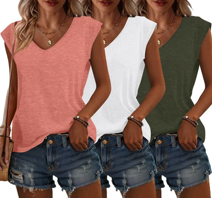 Bliwov 3 Pack Womens Cap Sleeve Summer Tops V Neck T Shirts Basic Tees