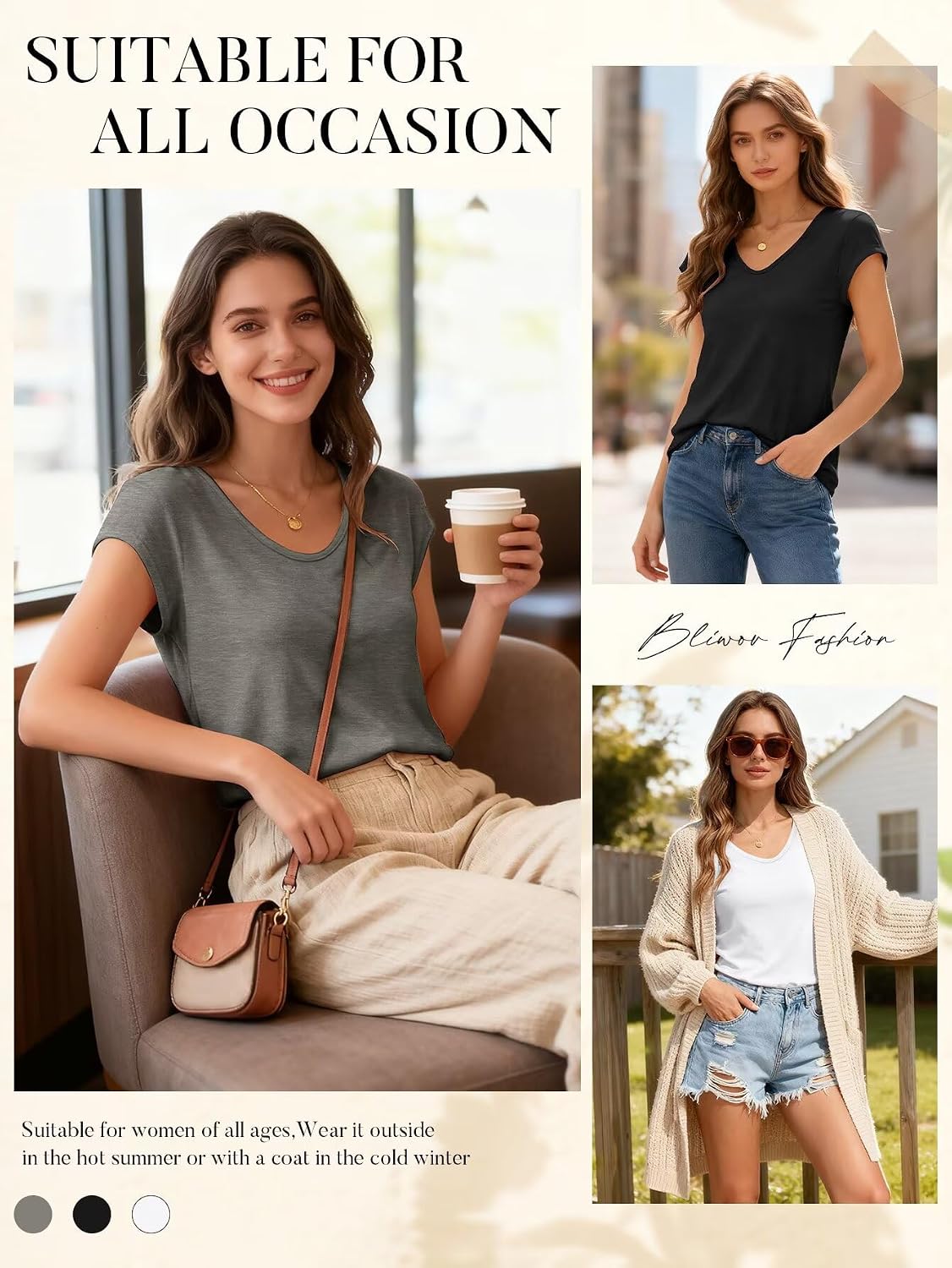 Bliwov 3 Pack Womens Cap Sleeve Summer Tops V Neck T Shirts Basic Tees