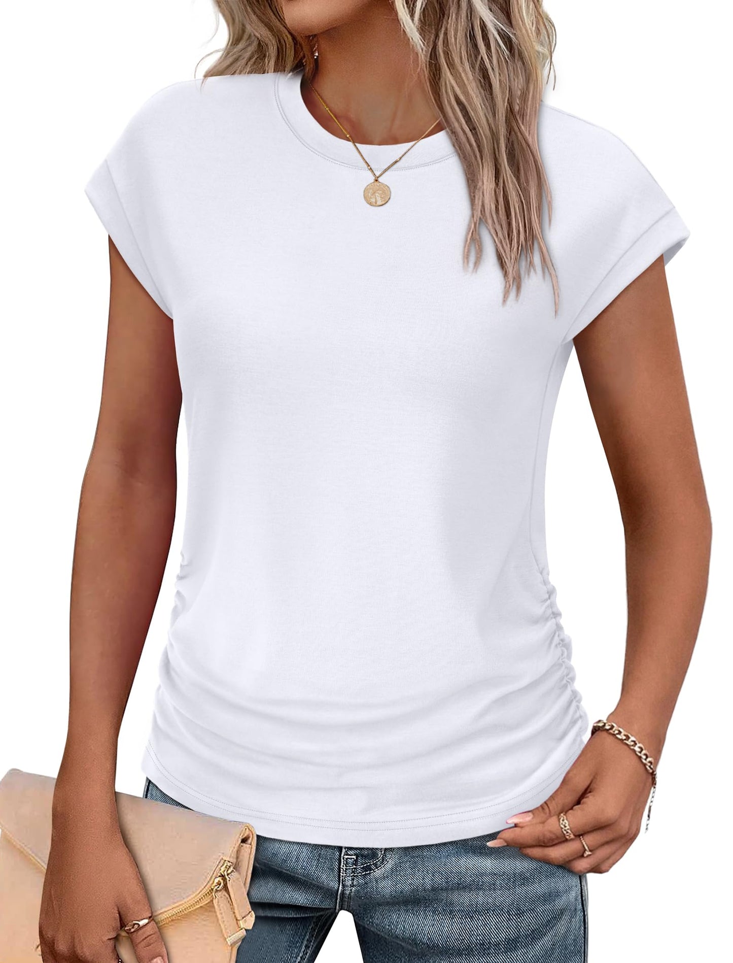 Sampeel Womens Summer Tops Trendy 2026 Ruched Cap Short Sleeve Tshirts Shirts Crew Neck T Shirts Fashion