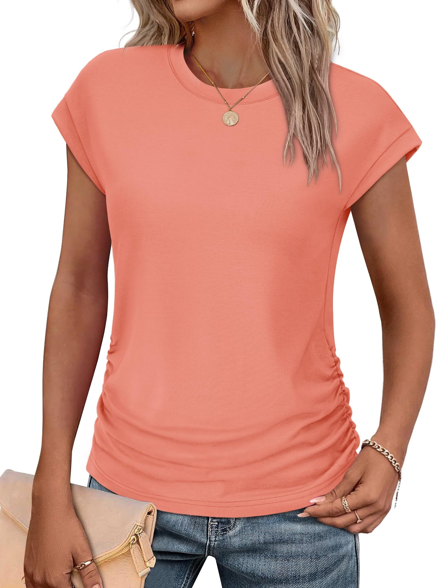 Sampeel Womens Summer Tops Trendy 2026 Ruched Cap Short Sleeve Tshirts Shirts Crew Neck T Shirts Fashion