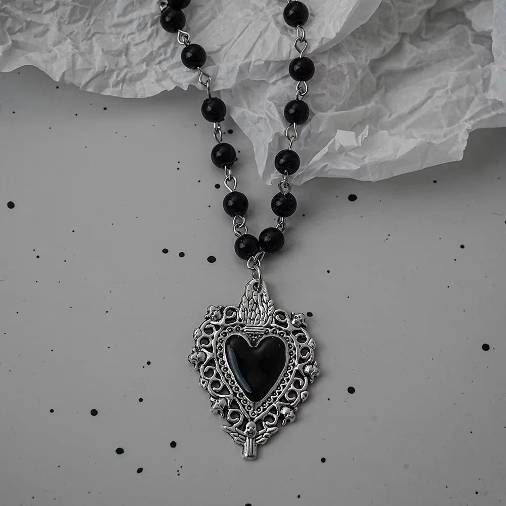 Vintage Gothic Bat Cross Dark Pendant Necklace Y2K Personalized Thorn Love Black Bead Stacked Necklace Suitable Halloween Gifts