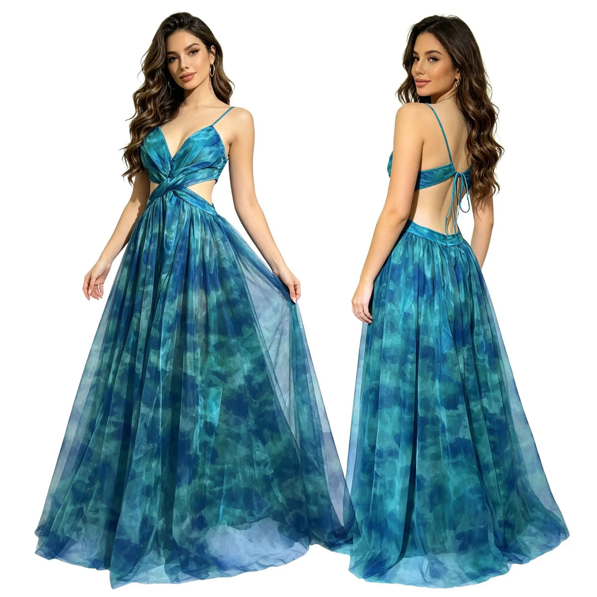 Sexy Tie-Dye Mesh Strapless Dress Deep V Neck Waist-Cinched Long Party Skirt Cross-Border Holiday Style Ethnic Stage Costume