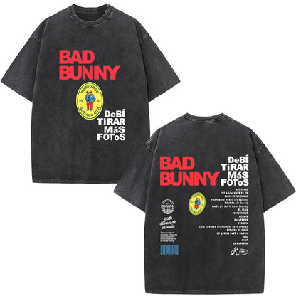 Washed Vintage Rapper Bad Bunny T-shirt Debi Tirar Mas Fotos DTMF Album 2025 T Shirts Men Women Hip Hop Oversized T-shirts Tops