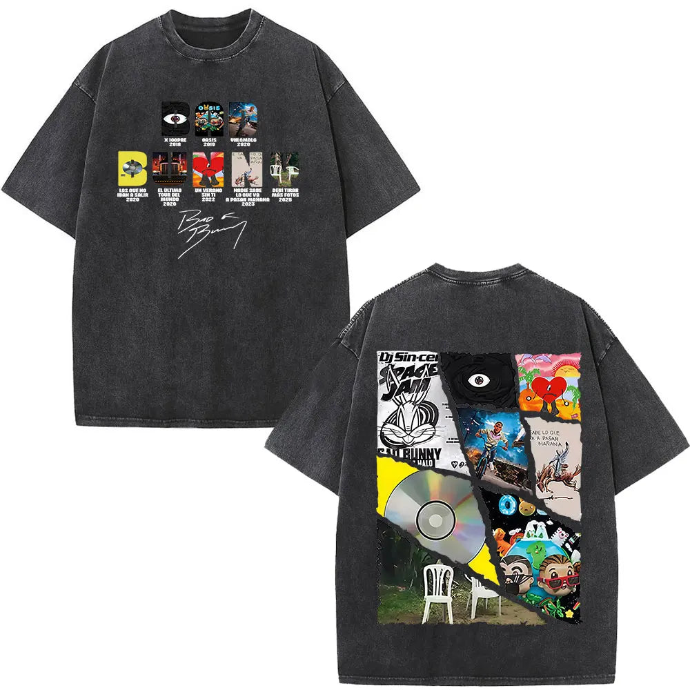 Washed Vintage Rapper Bad Bunny T-shirt Debi Tirar Mas Fotos DTMF Album 2025 T Shirts Men Women Hip Hop Oversized T-shirts Tops