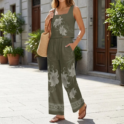 INSTANTARTS Women’s Linen Vest Set Women’s Wide-leg Trousers Lightweight Breathable Soft Comfortable Quick-dry Outfits Flower