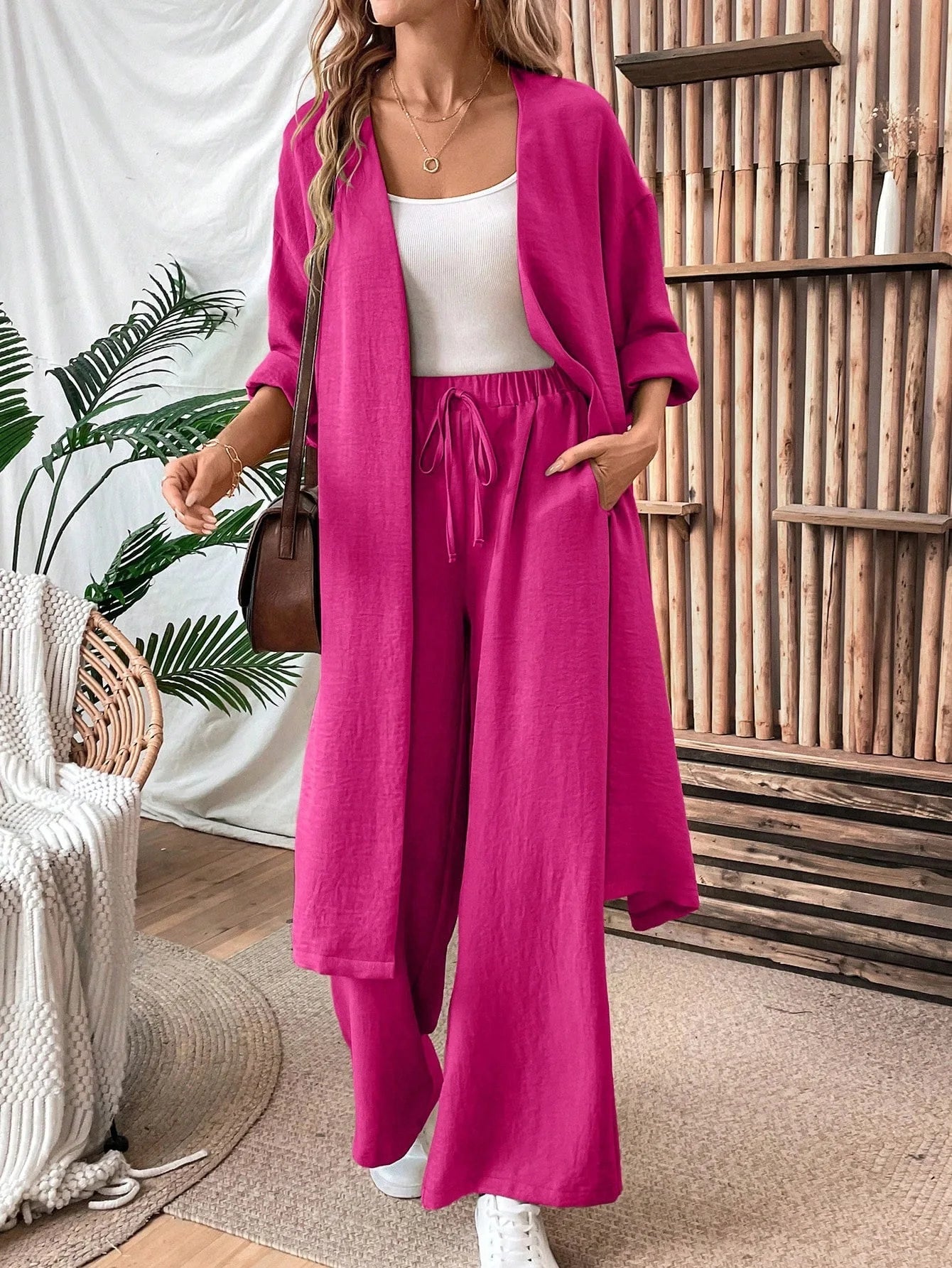 Women Two Piece Outfit Long Open Front Cardigan and Elastic Waist Wide Leg Pants Set Loose Casual Suit for Vacation Daily Wear
